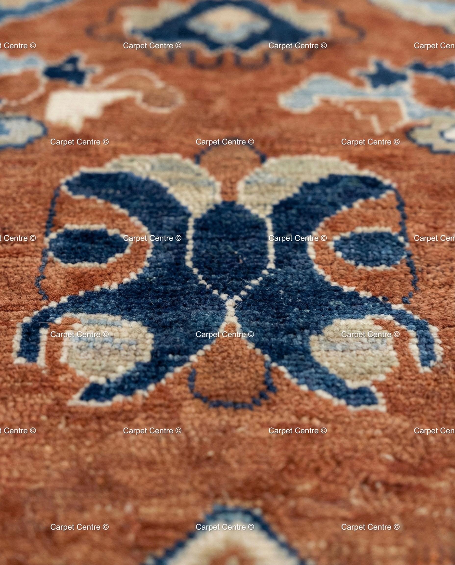 Rust Orange Oushak Rug, Navy Border, Hand Knotted Wool Carpet