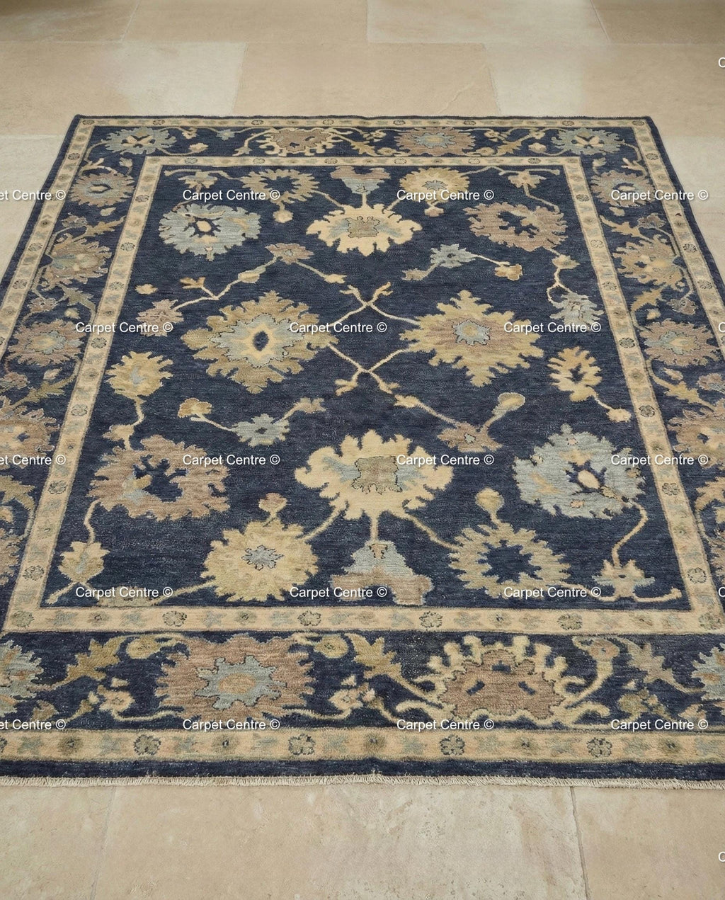 Hand-Knotted Navy Oushak Rug, Wool Floral Turkish Carpet, Traditional Living Room Decor