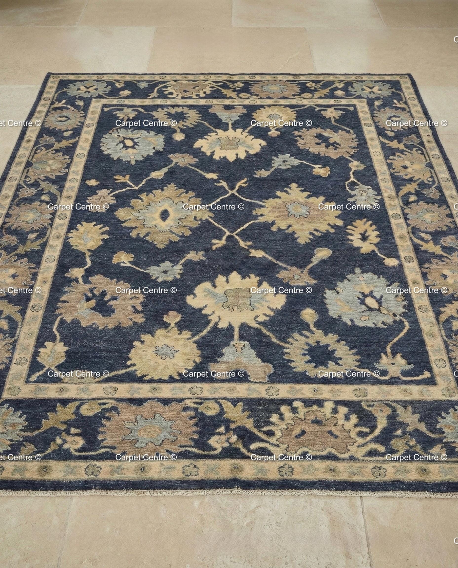 Hand-Knotted Navy Oushak Rug, Wool Floral Turkish Carpet, Traditional Living Room Decor
