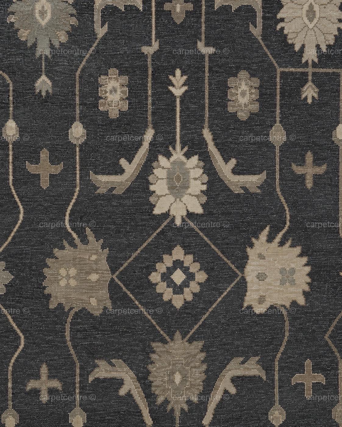 Hand Knotted Oushak Rug | Dark Grey Beige Floral Wool Turkish Area Rug