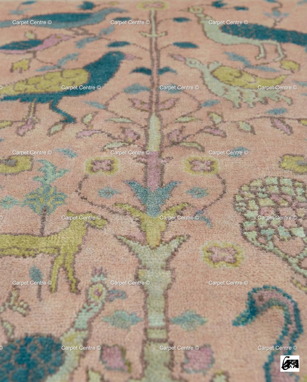 Blush Pink Wool Oushak Rug, Hand-Knotted Tree of Life Animal Nursery Rug
