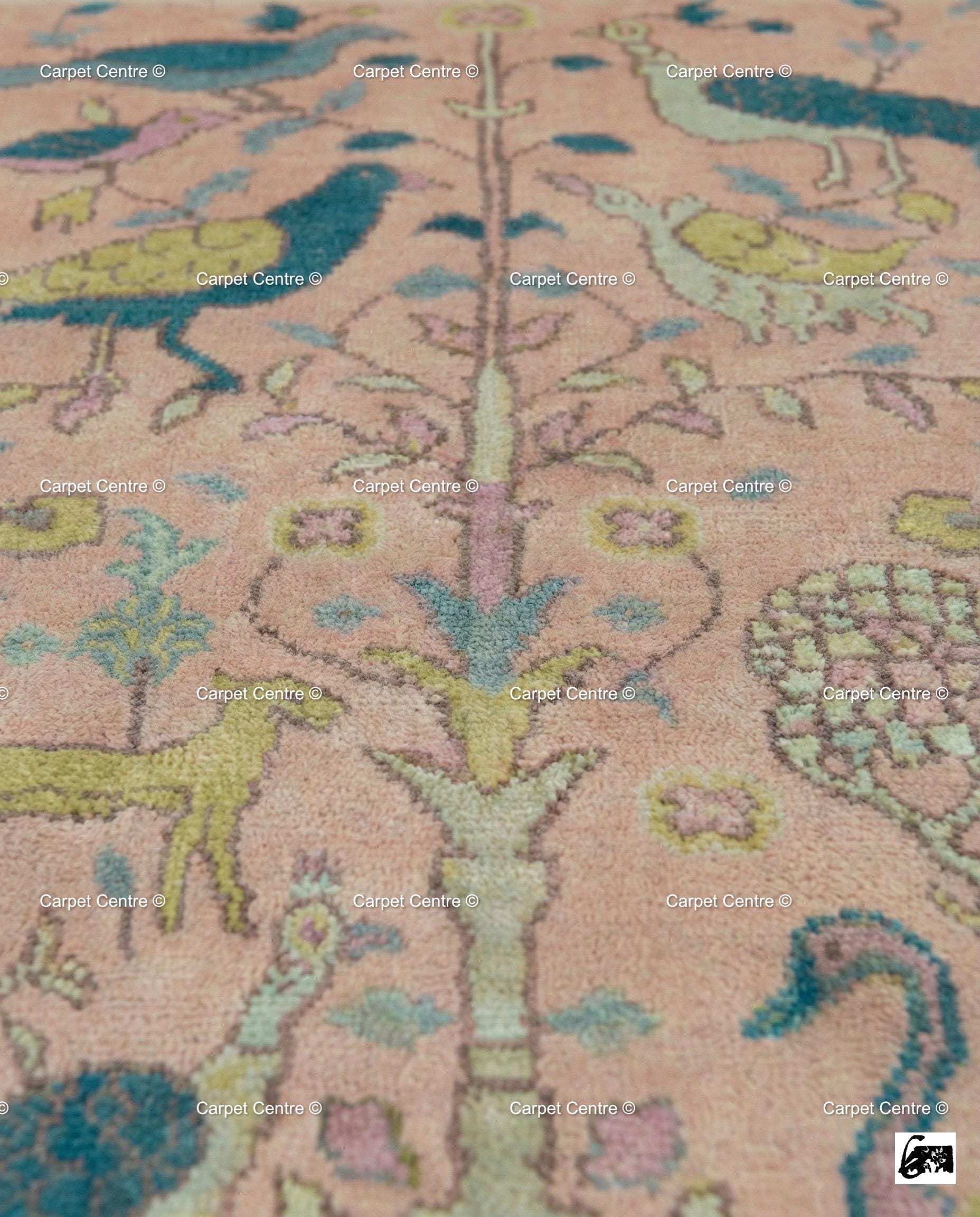 Blush Pink Wool Oushak Rug, Hand-Knotted Tree of Life Animal Nursery Rug
