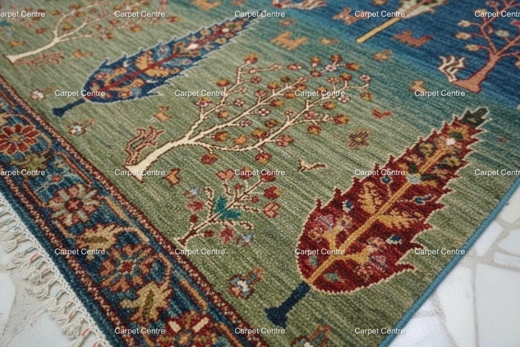 Hand-Knotted Wool Rug, Tree of Life Garden Design, Blue Green Abrash