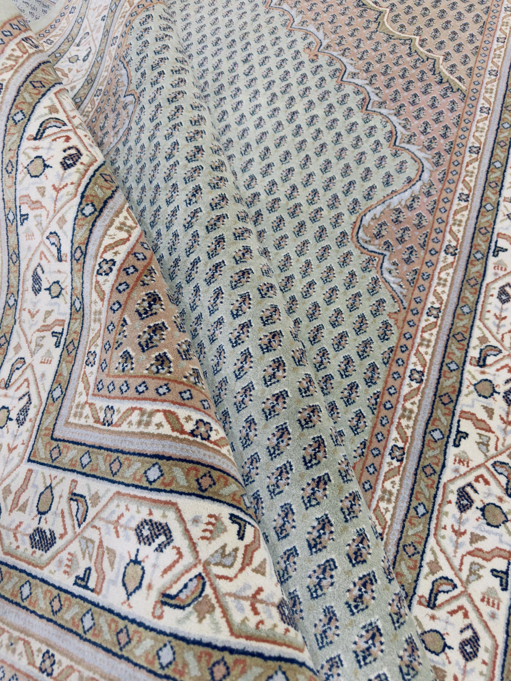 Hand-Knotted Wool Rug 7'9"x5'8", Sage Green Persian Boteh Style Carpet