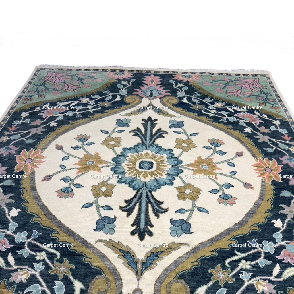 Handwoven Oushak Wool Rug, Ivory, Navy, Sage Green, (8x10)