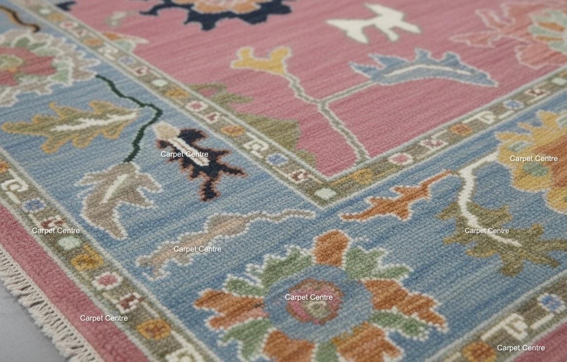 Hand-Knotted Oushak Wool Rug | Dusty Rose Bohemian Floral