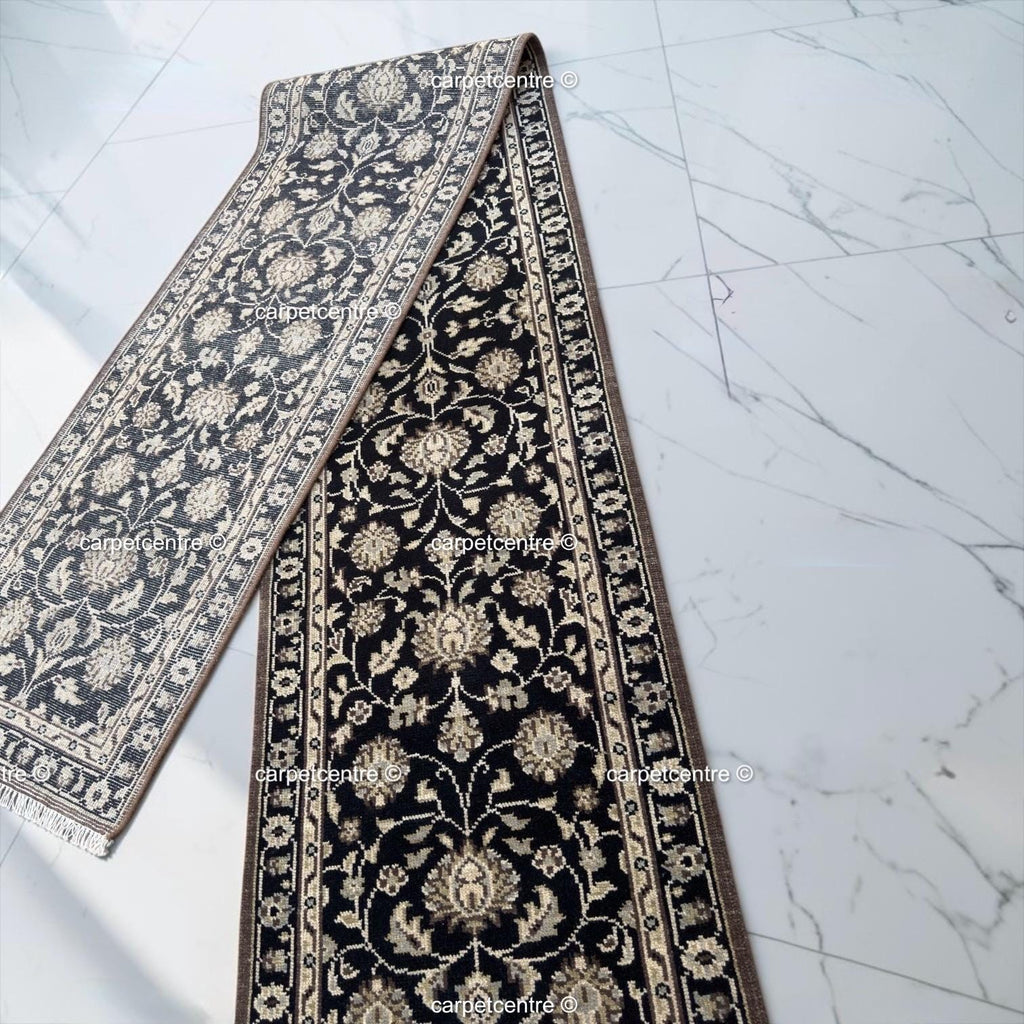 Handmade Oushak Wool Runner Rug, Black and Gold Floral Design Hallway Entryway Runner