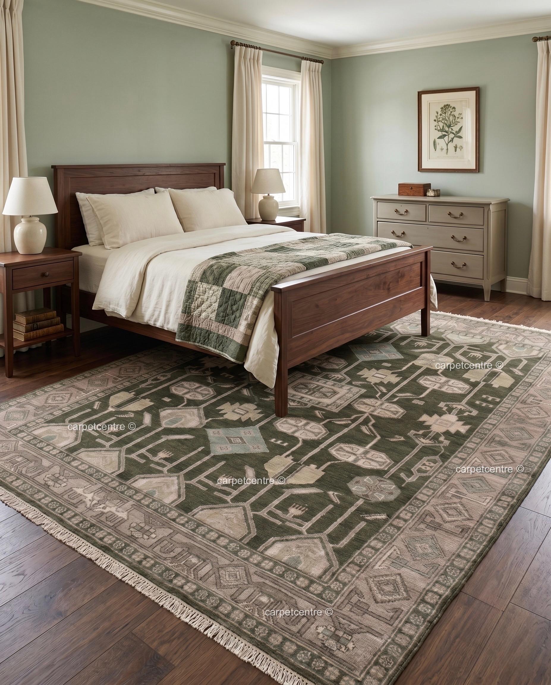 Hand Knotted Oushak Rug, Olive Green Wool, Geometric Tribal Anatolian Carpet
