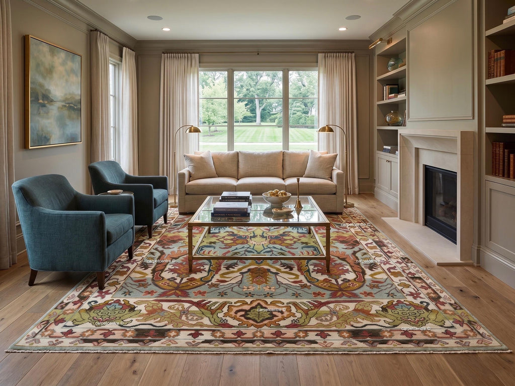 Hand Knotted Oushak Rug, Chinoiserie Botanical Wool Area Rug, Turkish Floral Carpet