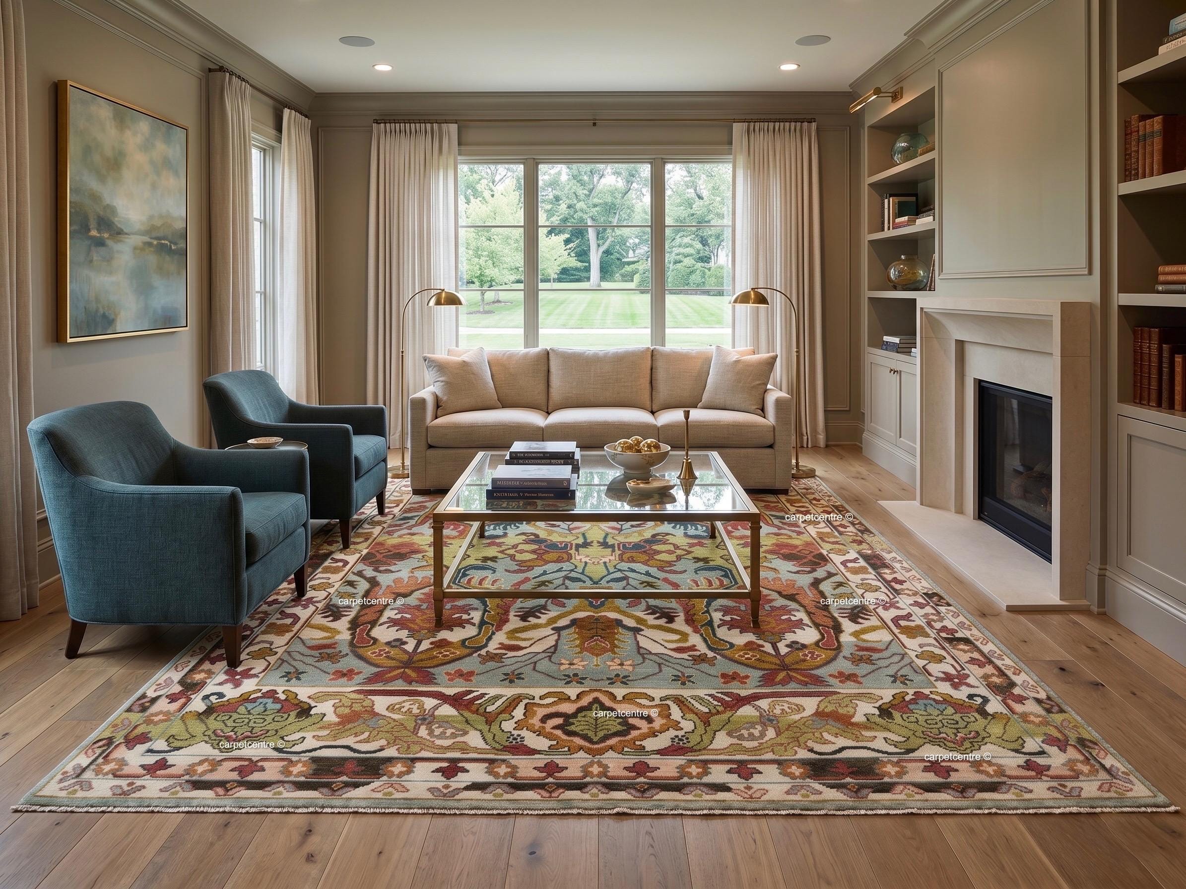 Hand Knotted Oushak Rug, Chinoiserie Botanical Wool Area Rug, Turkish Floral Carpet