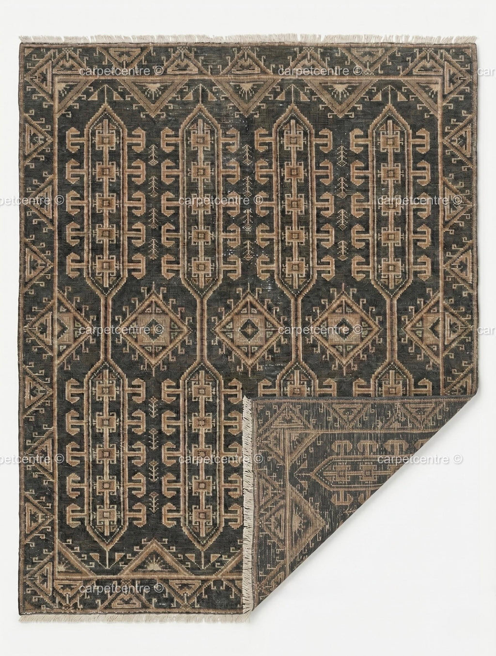 Hand Knotted Oushak Rug | Dark Grey Beige Geometric Tribal Wool Area Rug
