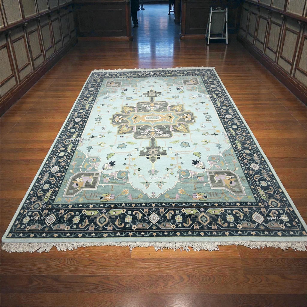 Hand Knotted Oushak Wool Rug, Aqua Navy Geometric Serapi Style