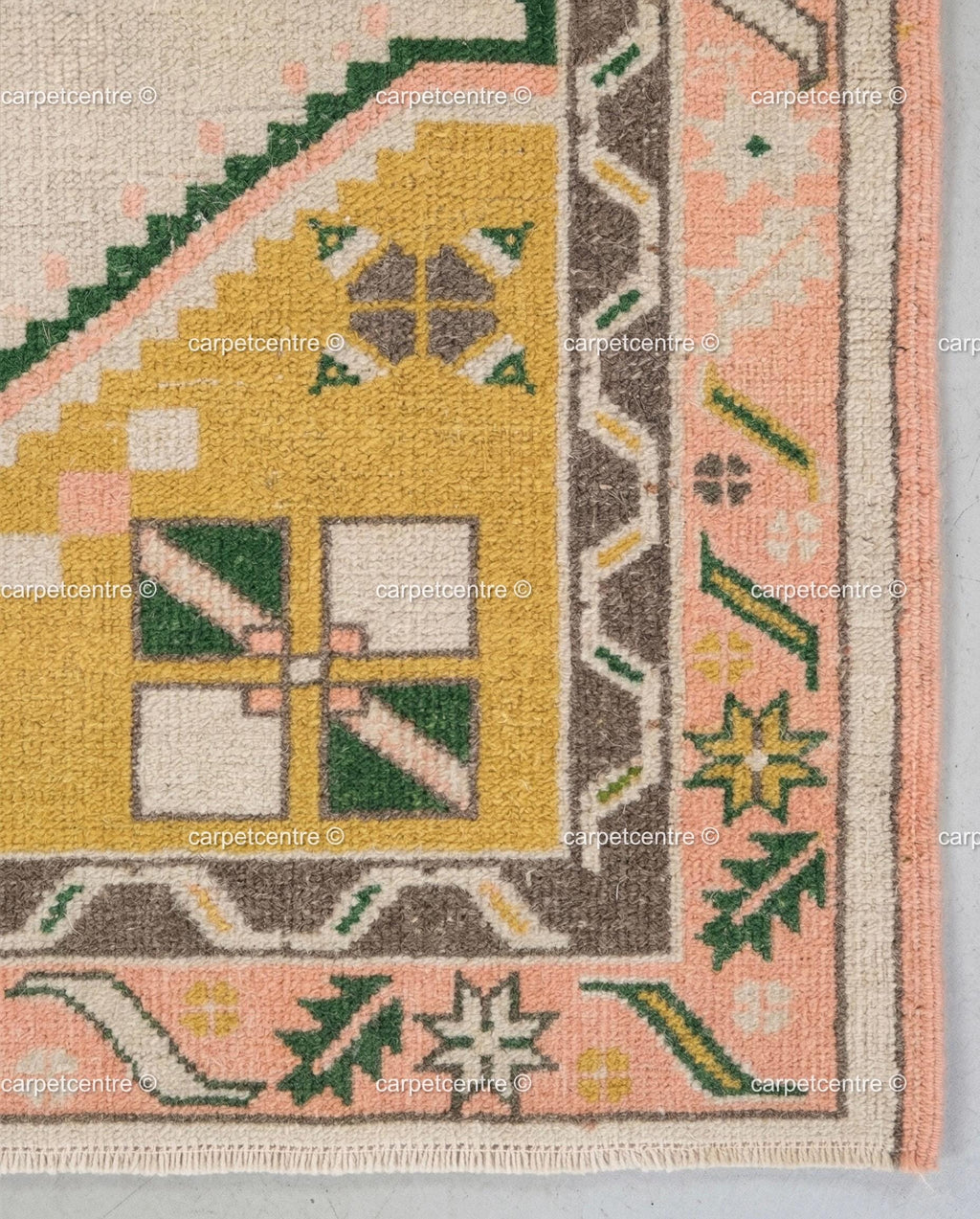 Hand Knotted Wool Oushak Rug | Green, Yellow, Pink Geometric Boho Area Rug