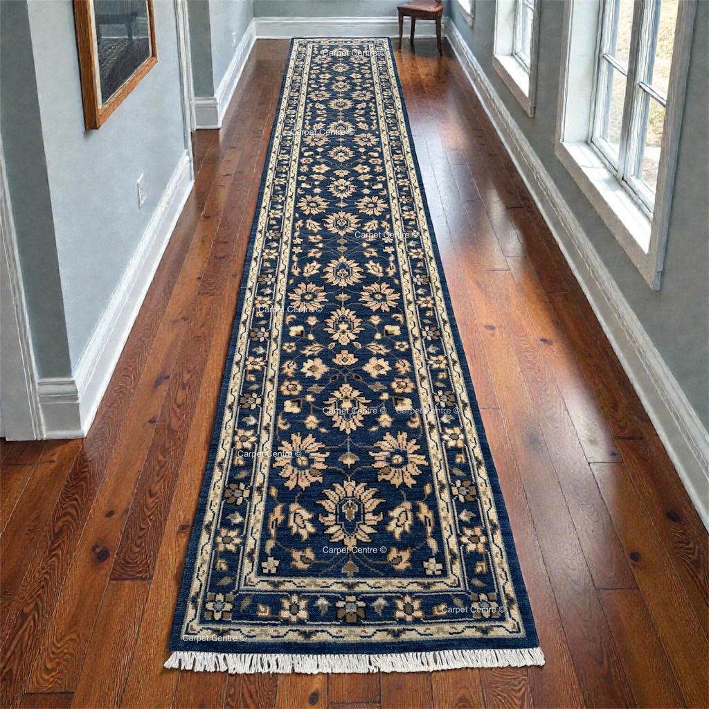 Handmade Oushak Wool Runner Rug: Navy Blue Floral Hallway Rug