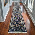 Handmade Oushak Wool Runner Rug: Navy Blue Floral Hallway Rug