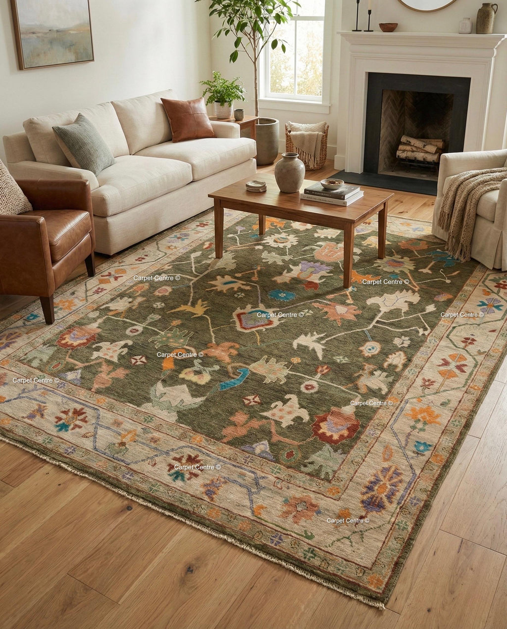 Hand-Knotted Wool Oushak Rug, Moss Green, Tribal Geometric Design