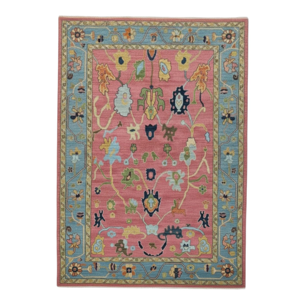 Hand-Knotted Oushak Wool Rug | Pink & Sky Blue Folk Floral