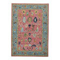 Hand-Knotted Oushak Wool Rug | Pink & Sky Blue Folk Floral