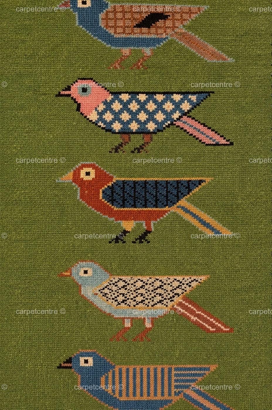 Handmade Wool Folk Art Bird Runner Rug, Green Hallway Carpet, Turkish Knot Artisan Made