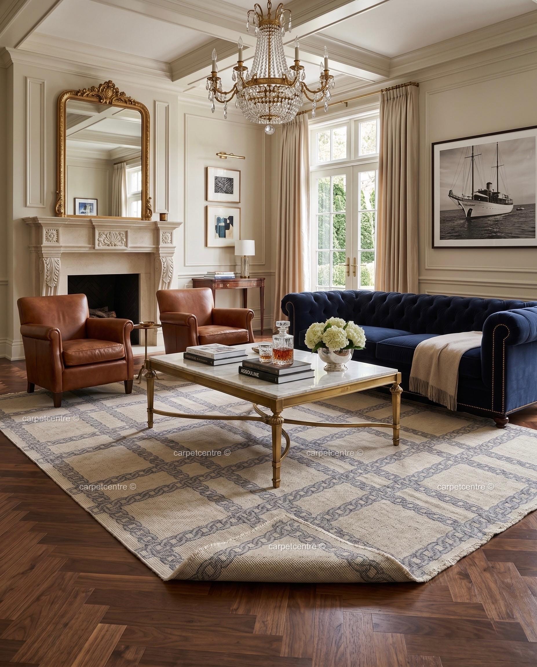 Hand Knotted Wool Oushak Rug, Slate Blue Chain Link Plaid, Transitional Greige Carpet