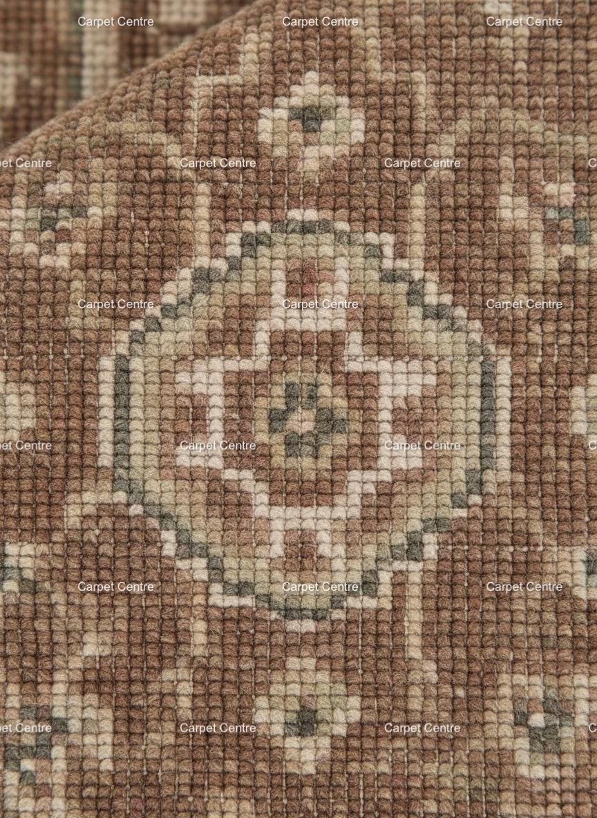 Handknotted Oushak Wool Rug: Distressed Brown Beige Geometric
