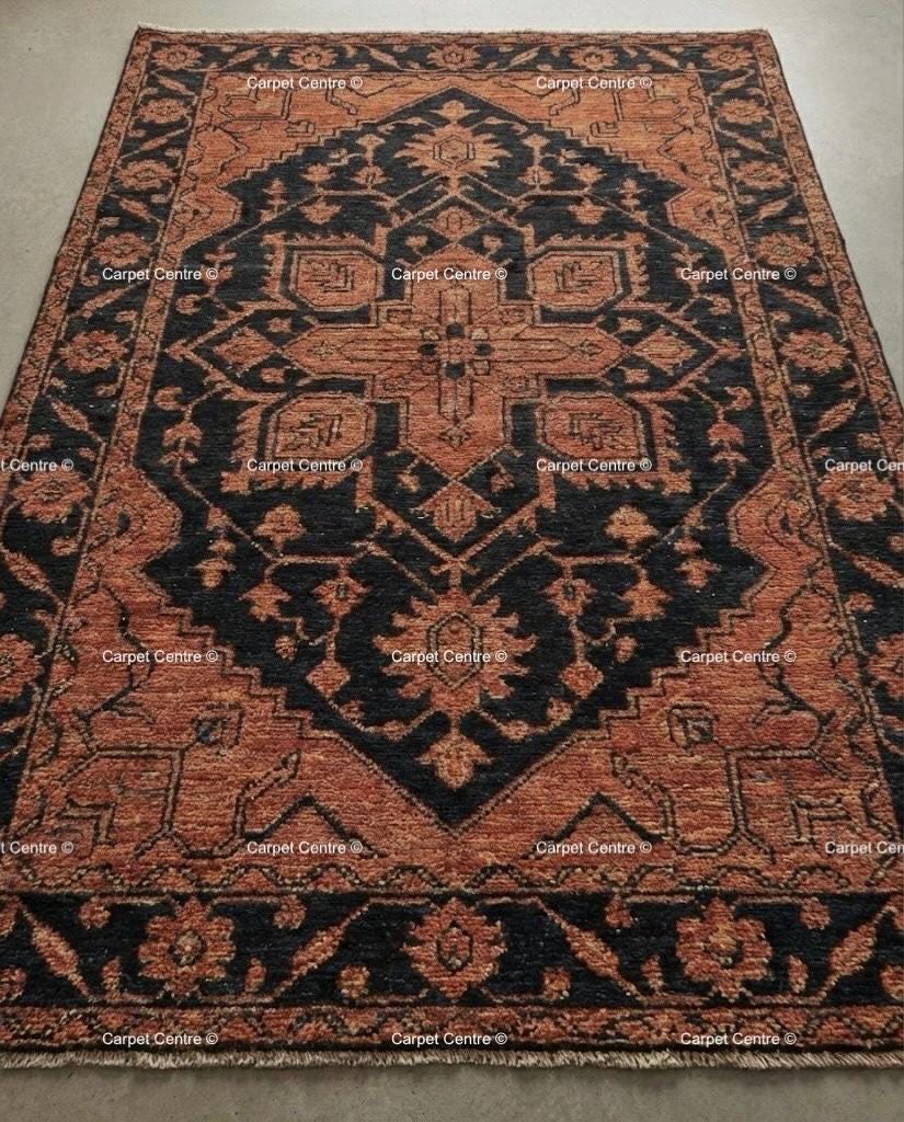 Handmade Oushak Wool Rug, Black and Rust Geometric Medallion
