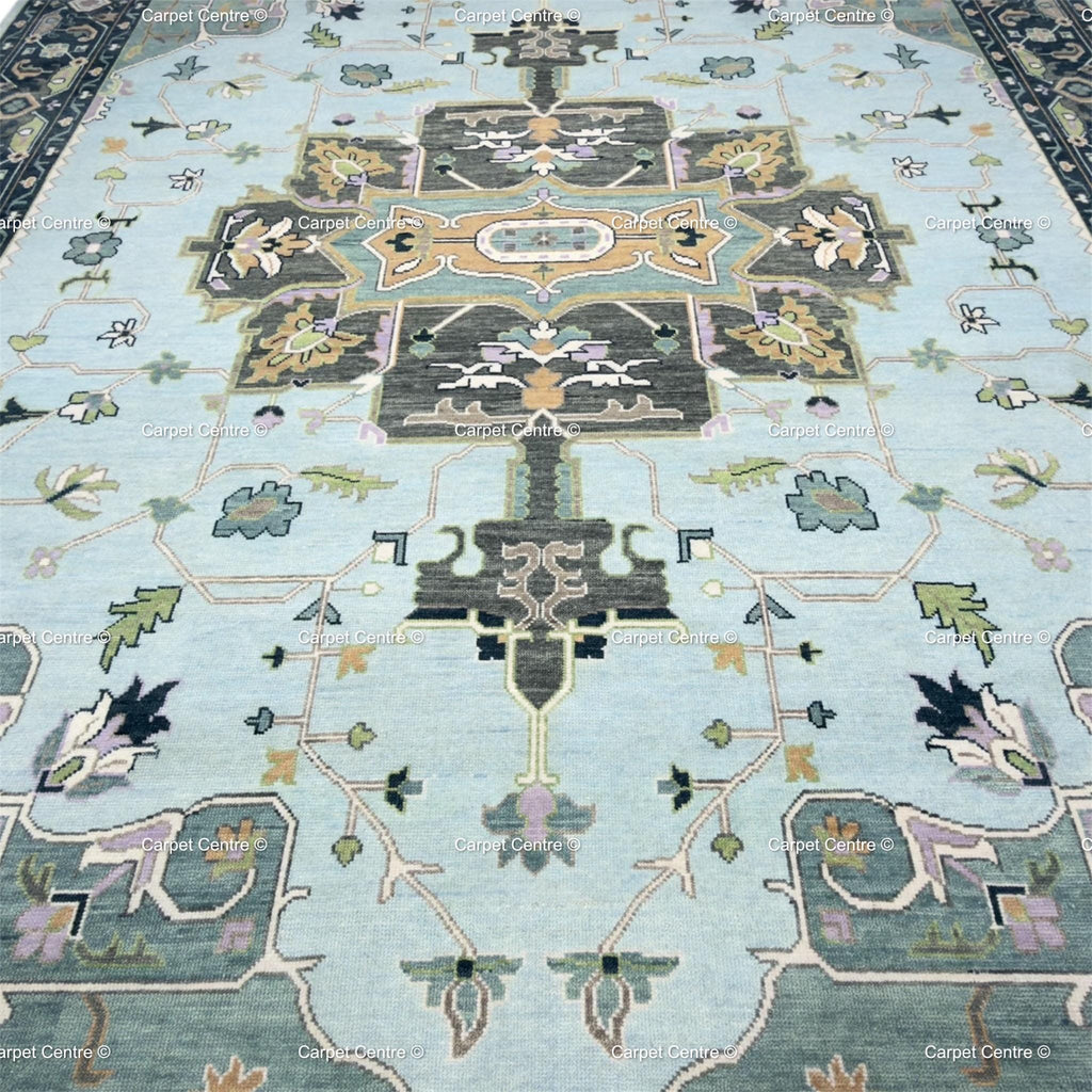 Hand Knotted Oushak Wool Rug, Aqua Navy Geometric Serapi Style