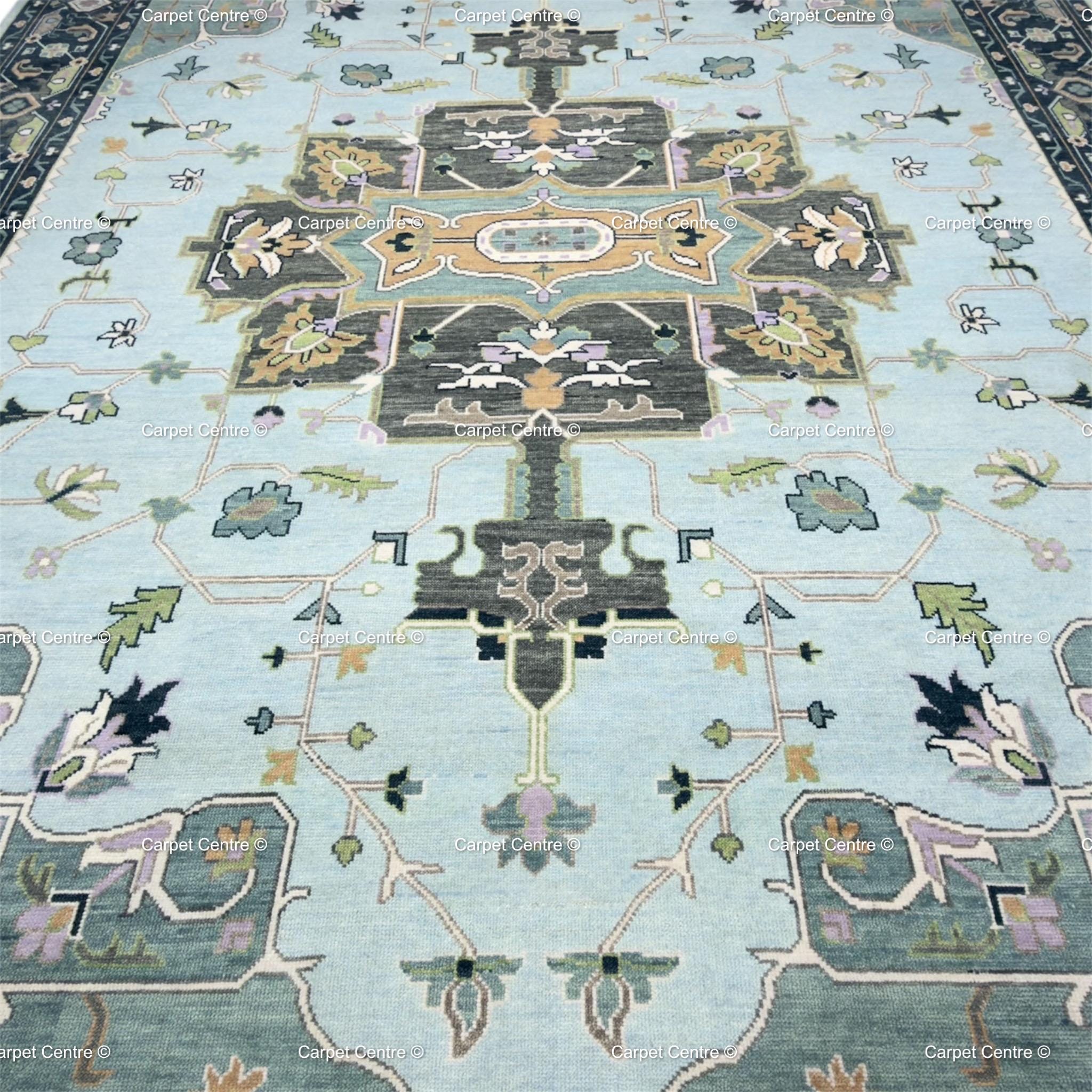 Hand Knotted Oushak Wool Rug, Aqua Navy Geometric Serapi Style