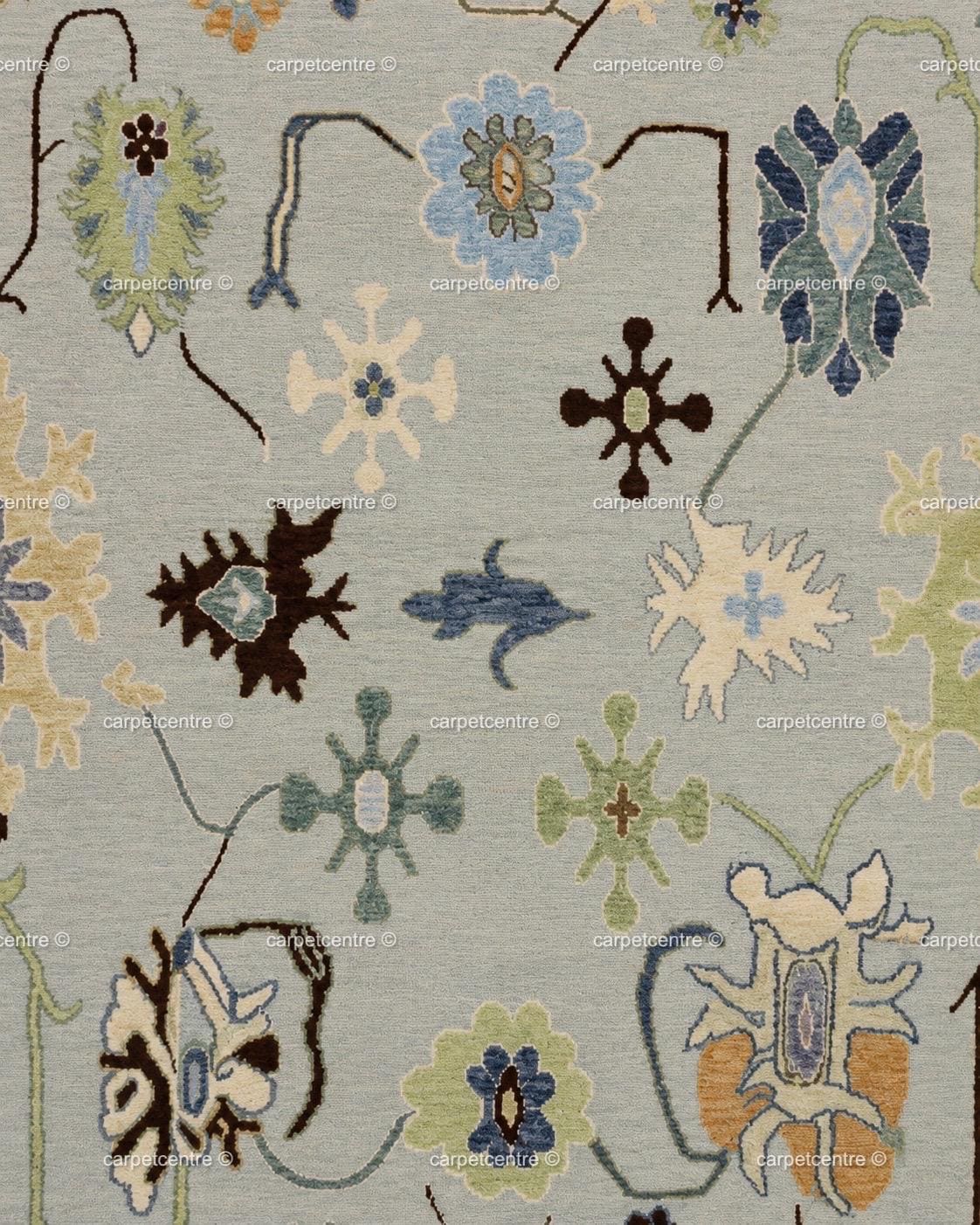 Hand Knotted Oushak Rug: Lavender Border, New Zealand Wool Carpet