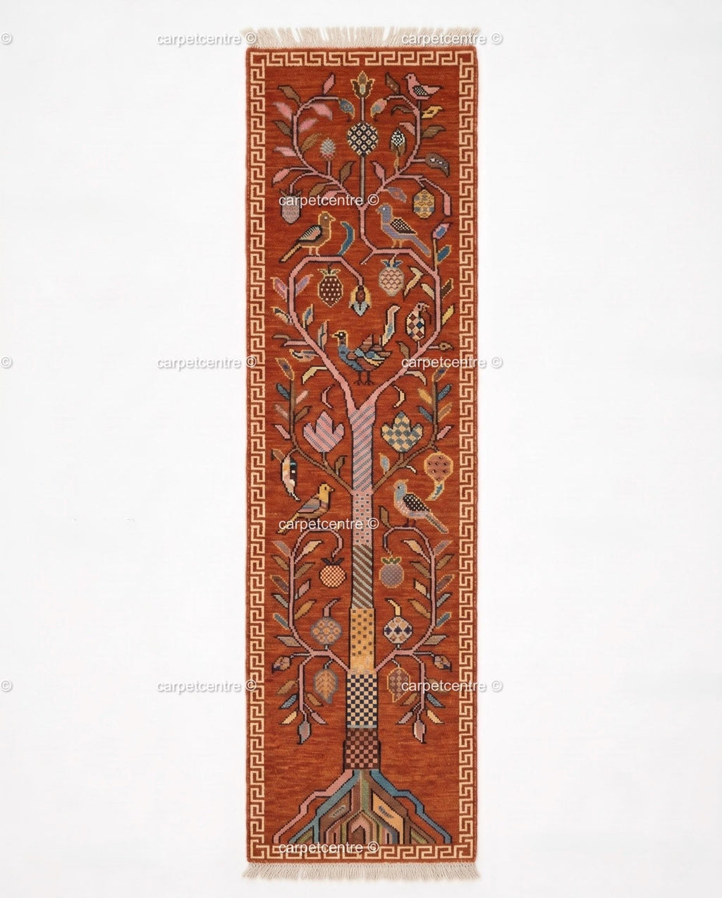 Tree of Life Runner Rug: Rust Orange Colorful Carpet Handmade Wool Area Rug