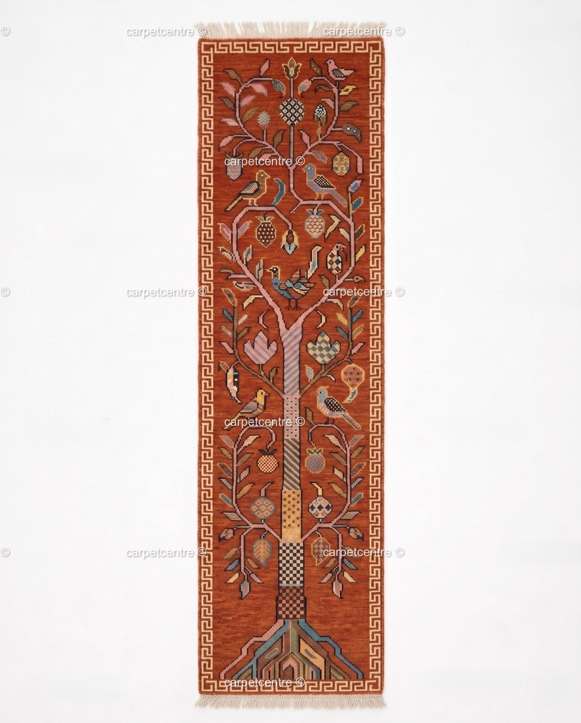 Tree of Life Runner Rug: Rust Orange Colorful Carpet Handmade Wool Area Rug