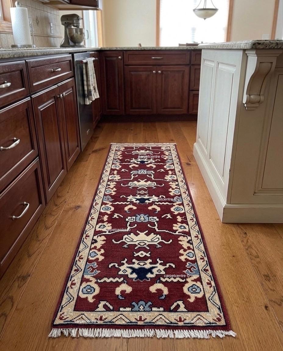 Hand-Knotted Rust Red Wool Runner Rug, Navy Blue Tribal Oushak Design