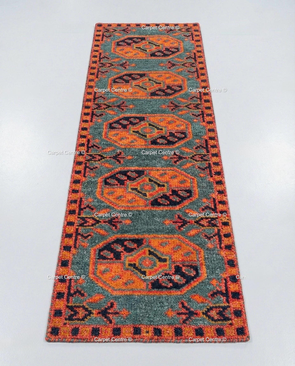 Teal Oushak Wool Runner, Hand Knotted Geometric Hallway Carpet
