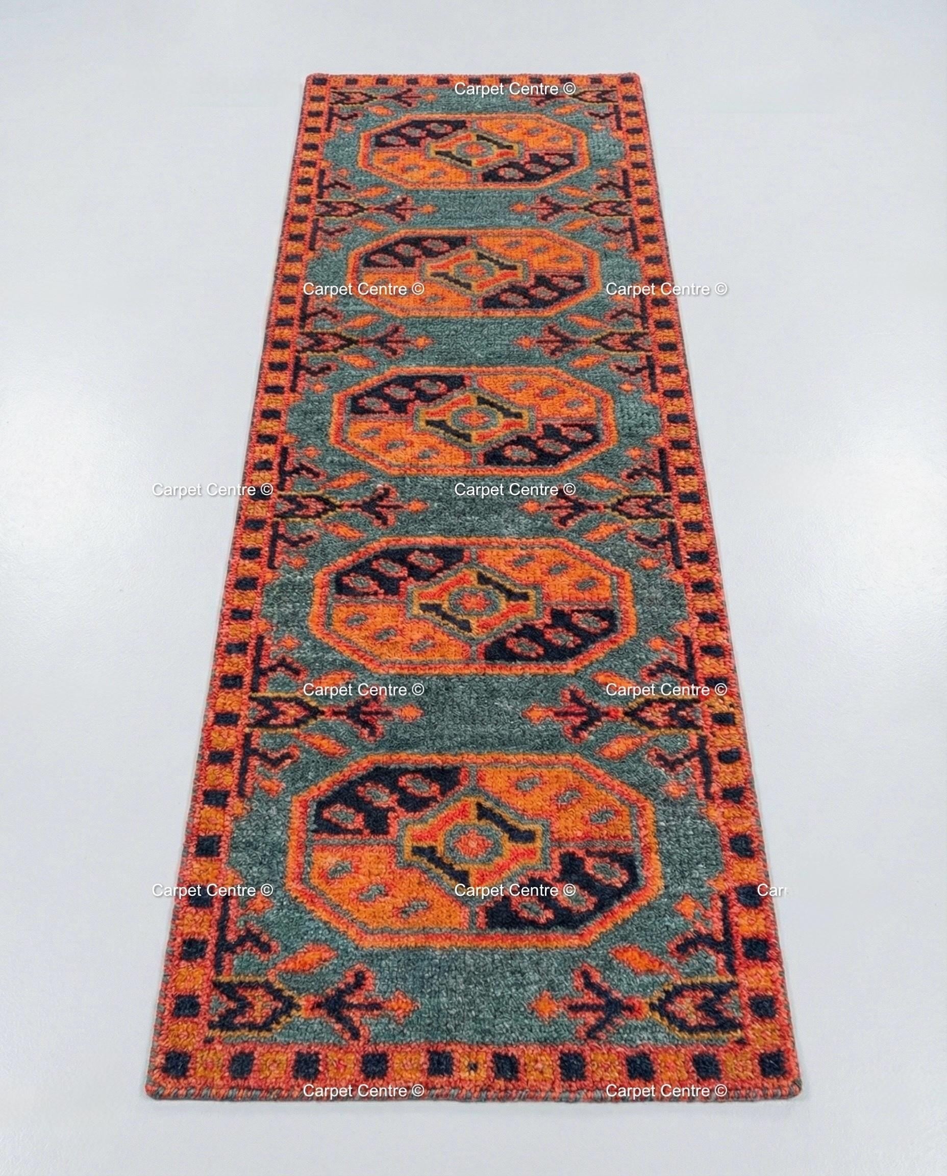 Teal Oushak Wool Runner, Hand Knotted Geometric Hallway Carpet