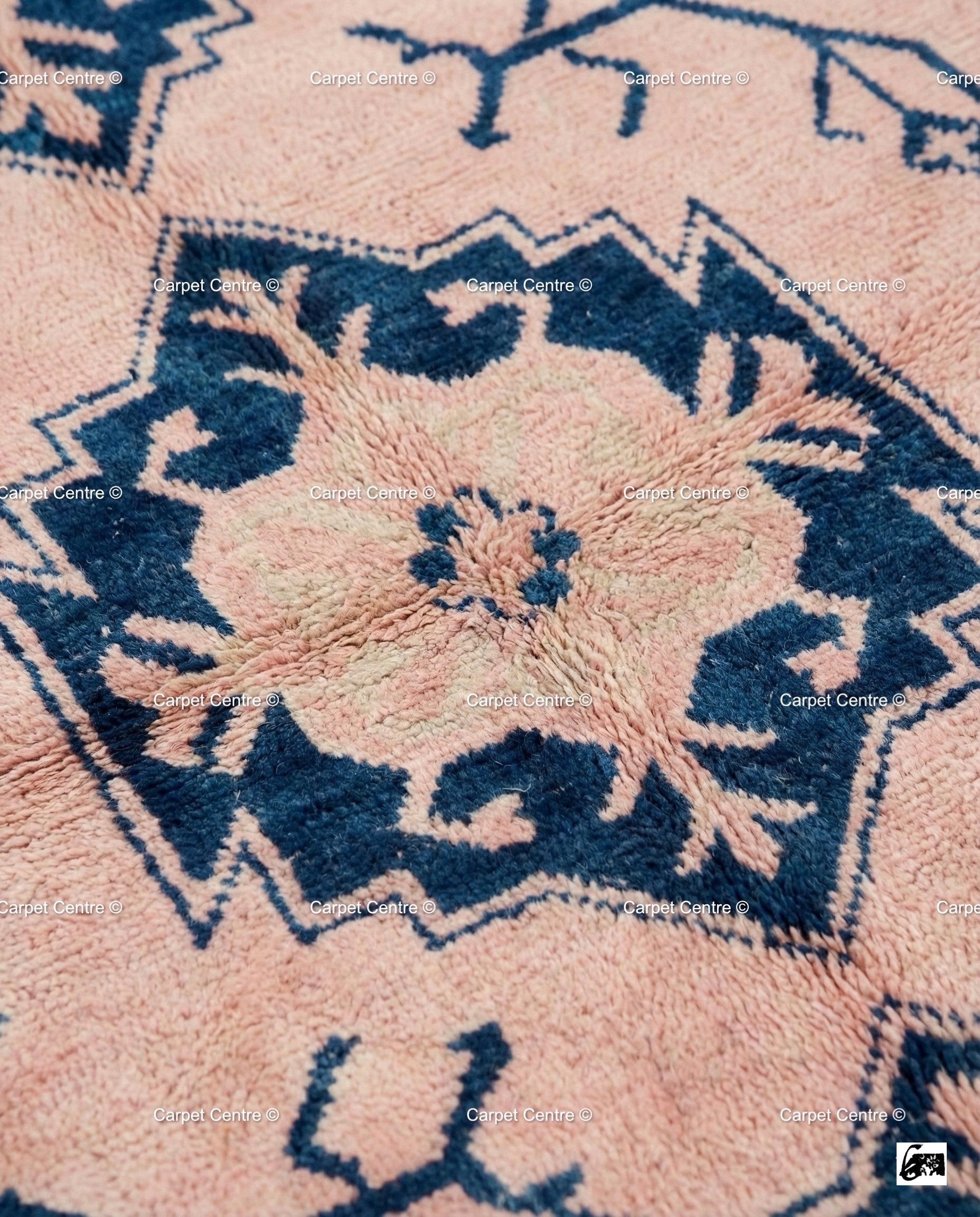 Blush Pink Wool Oushak Rug, Navy Geometric Medallion, Handmade Turkish Knot