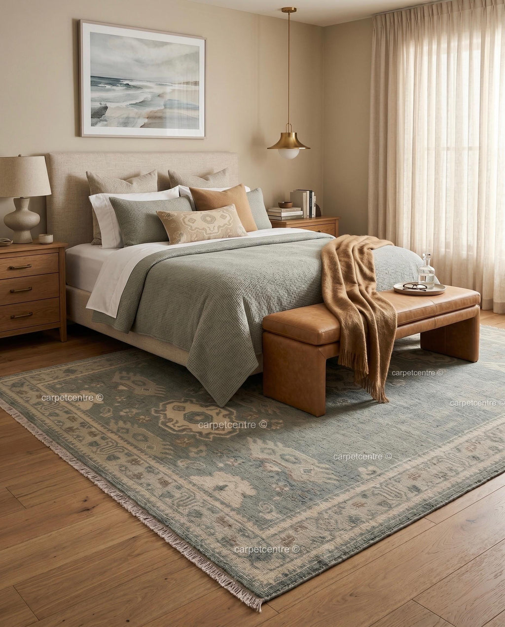 Muted Sage Oushak Rug | Hand-Knotted Wool Carpet, Tribal Geometric Boho Decor