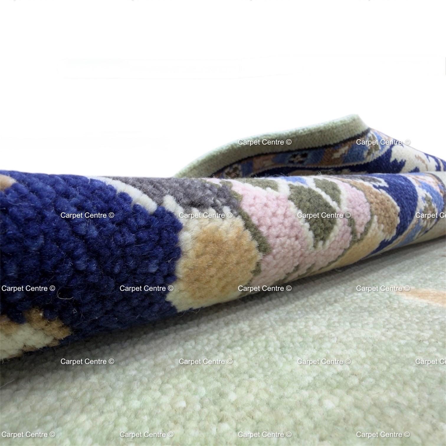 Hand-Knotted Sage Green Oushak Wool Rug, Navy Border, Living Room Decor