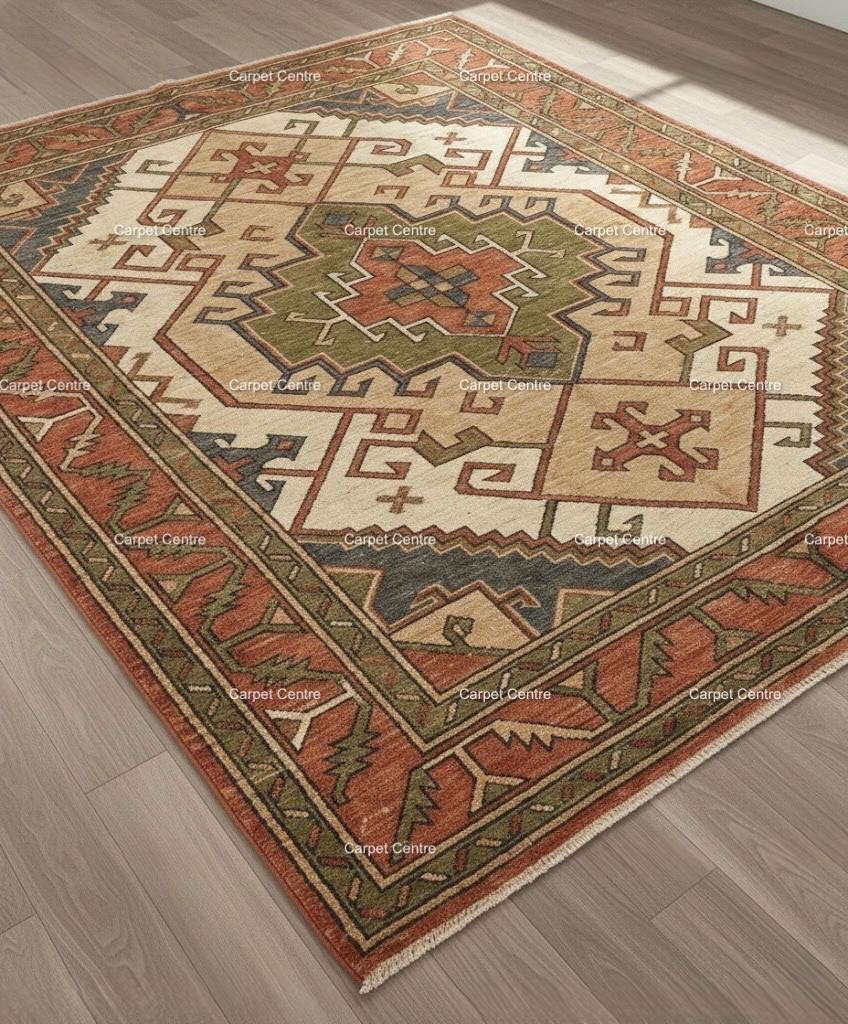 Hand-Knotted Oushak Wool Rug, Rust Terracotta Olive Green, Geometric Tribal Design