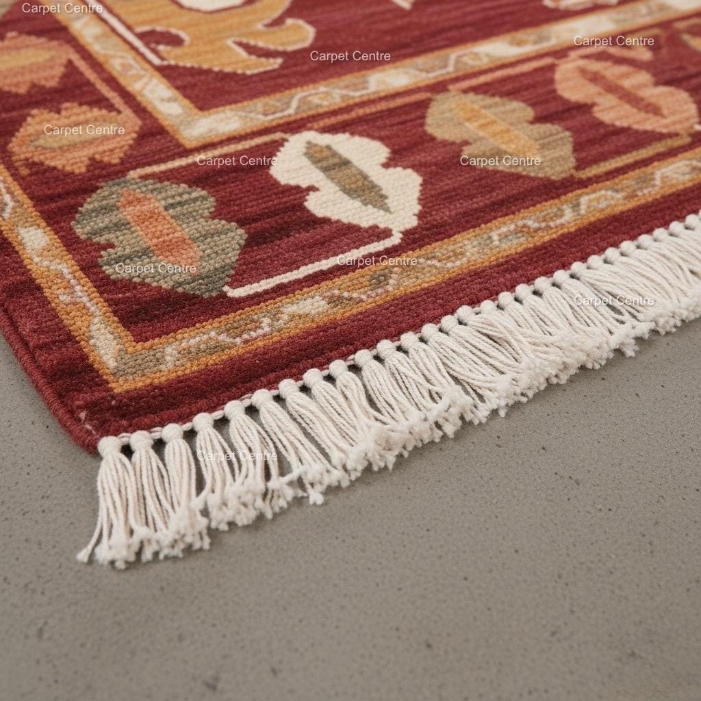Handwoven Burgundy Oushak Wool Rug: Medallion Floral Design