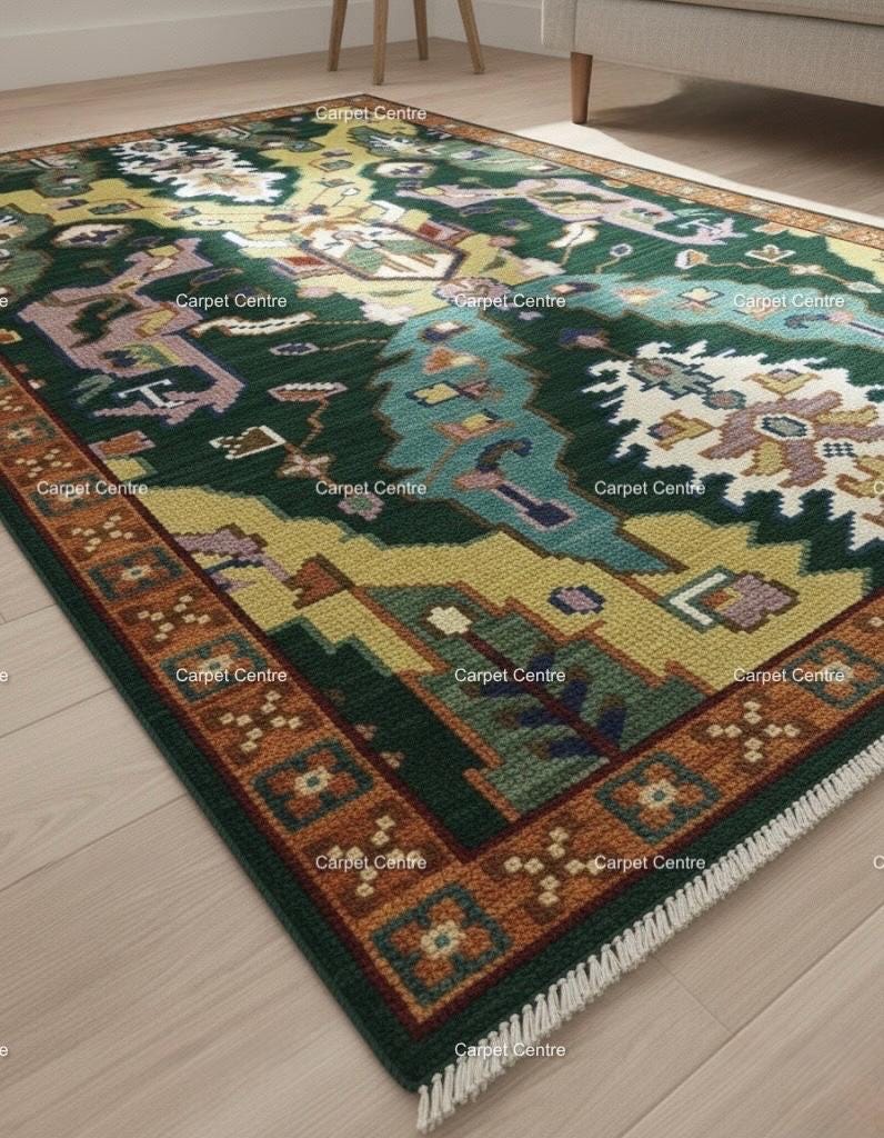 Green Oushak Rug, Hand-Knotted Wool Geometric Kilim Rug, Boho Decor