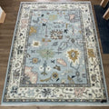 Light Blue Oushak Rug, Hand-Knotted Wool 8x10, Farmhouse Floral