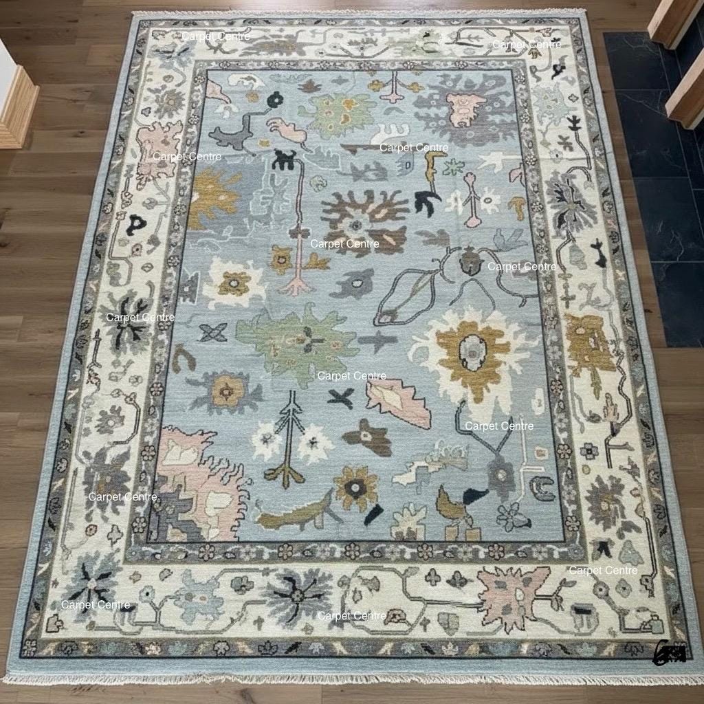 Light Blue Oushak Rug, Hand-Knotted Wool 8x10, Farmhouse Floral