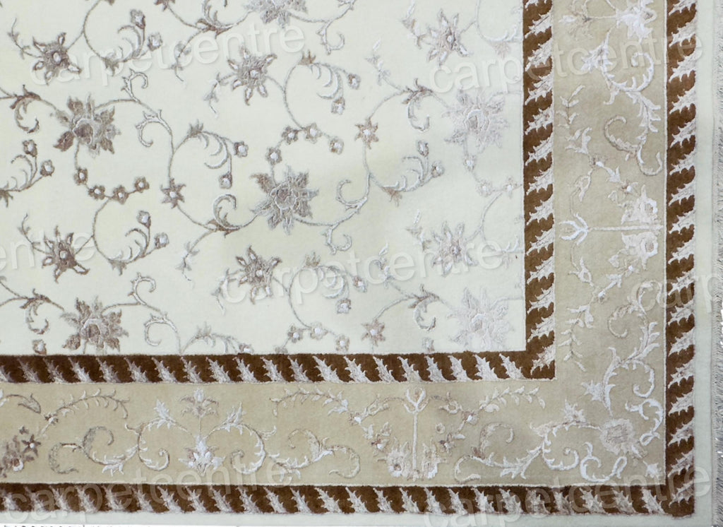 Vintage Beige Floral Wool Rug: Handwoven Indian Art Silk Carpet