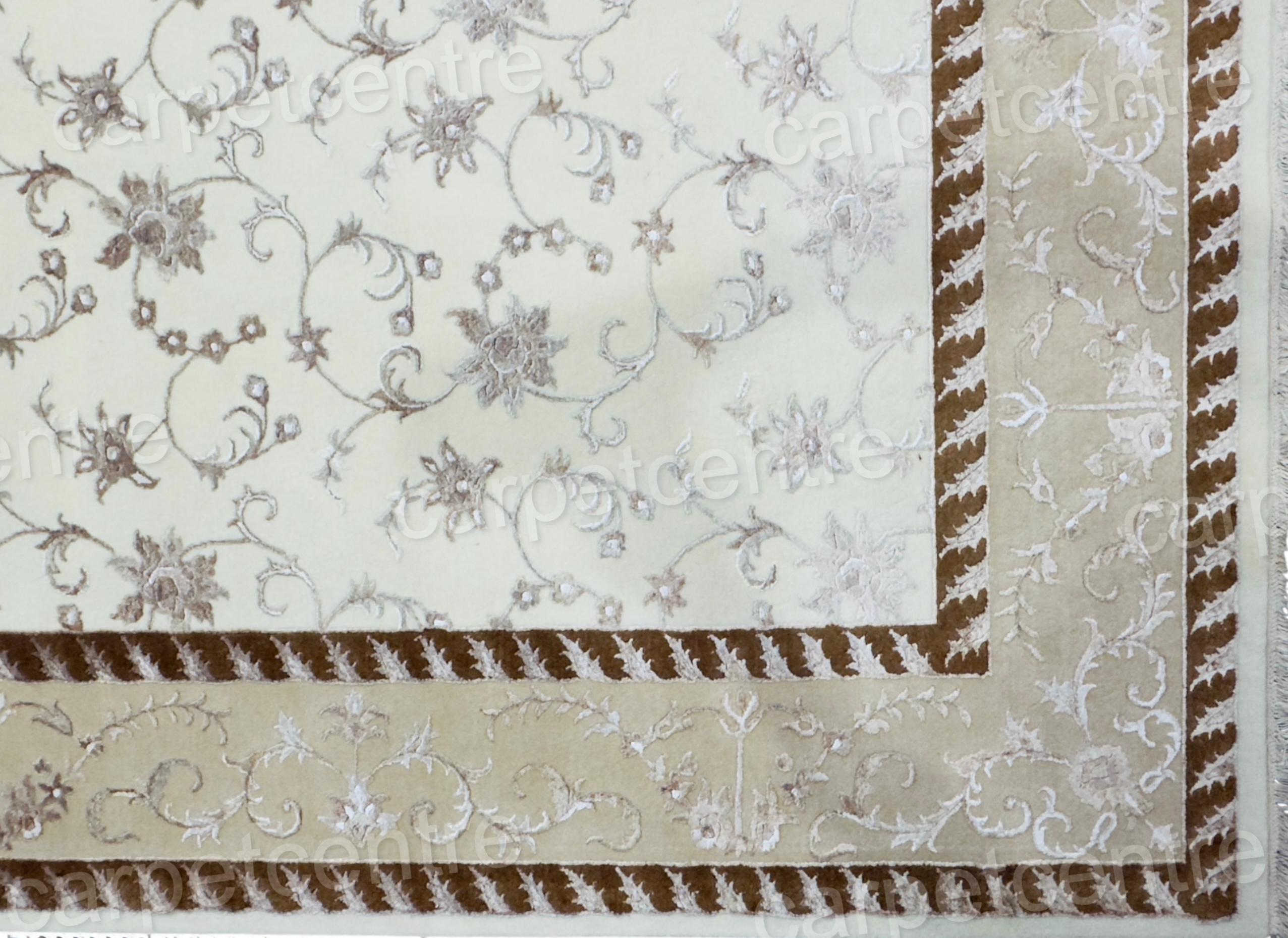 Vintage Beige Floral Wool Rug: Handwoven Indian Art Silk Carpet