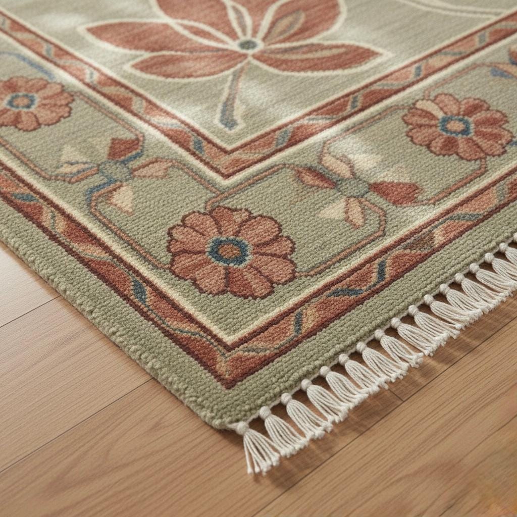 Handwoven Oushak Wool Rug: Sage Green Rust Floral