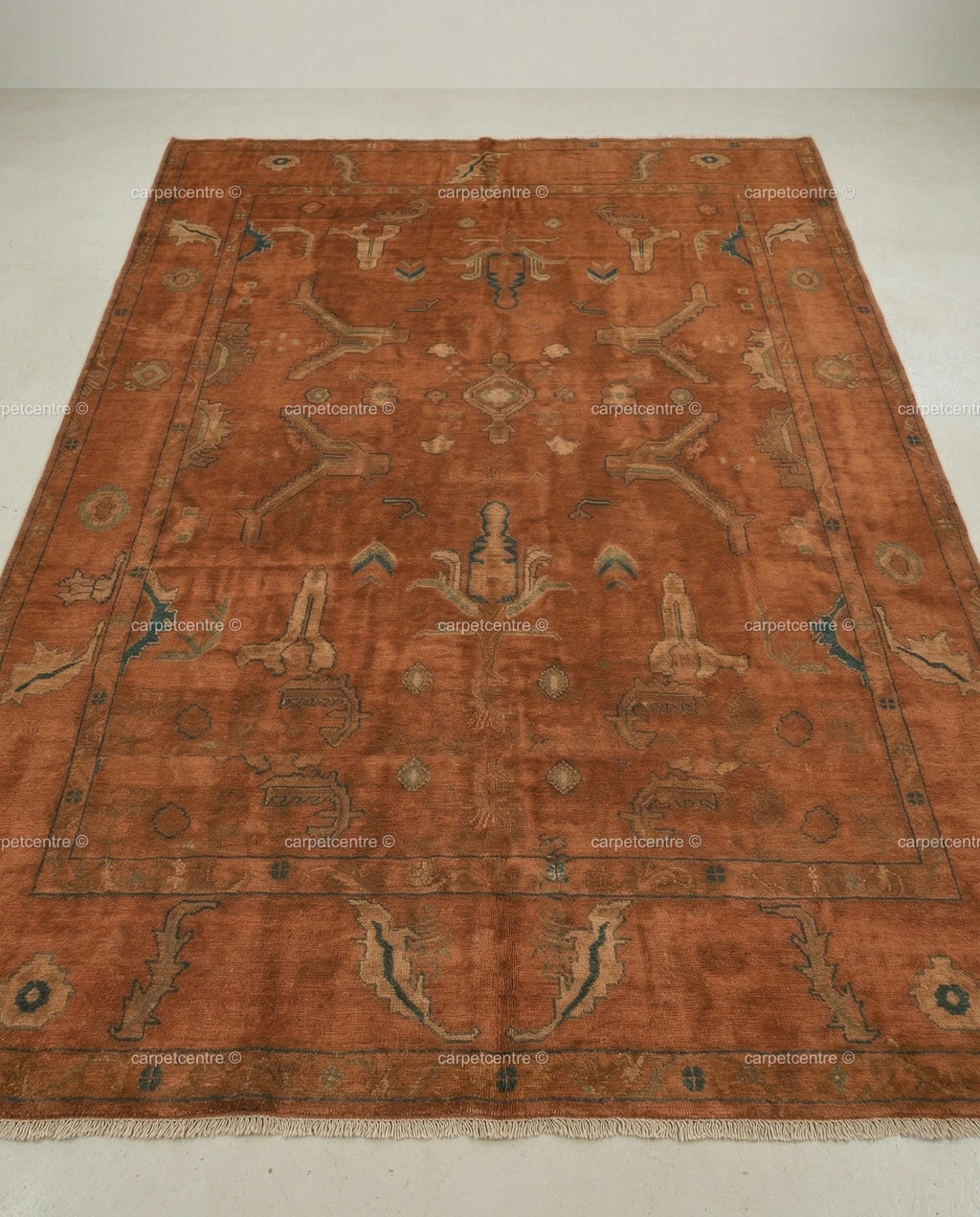 Hand Knotted Terracotta Oushak Rug, Geometric Wool Area Carpet, Boho Living Room Home Decor