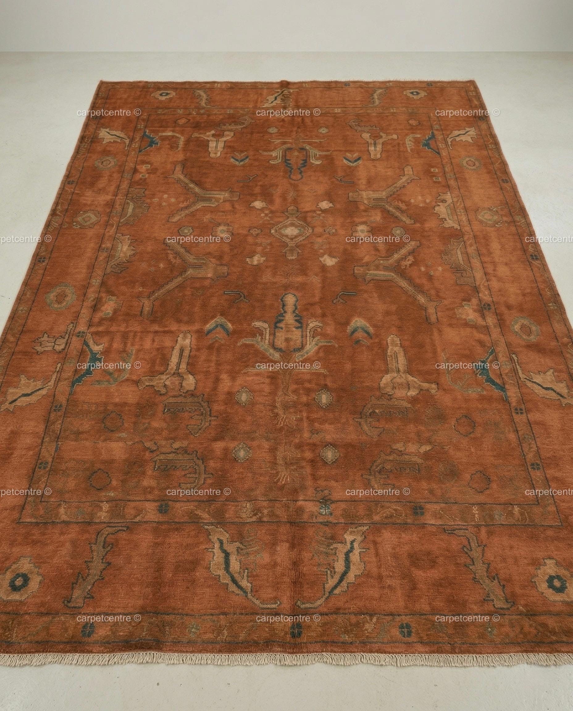 Hand Knotted Terracotta Oushak Rug, Geometric Wool Area Carpet, Boho Living Room Home Decor