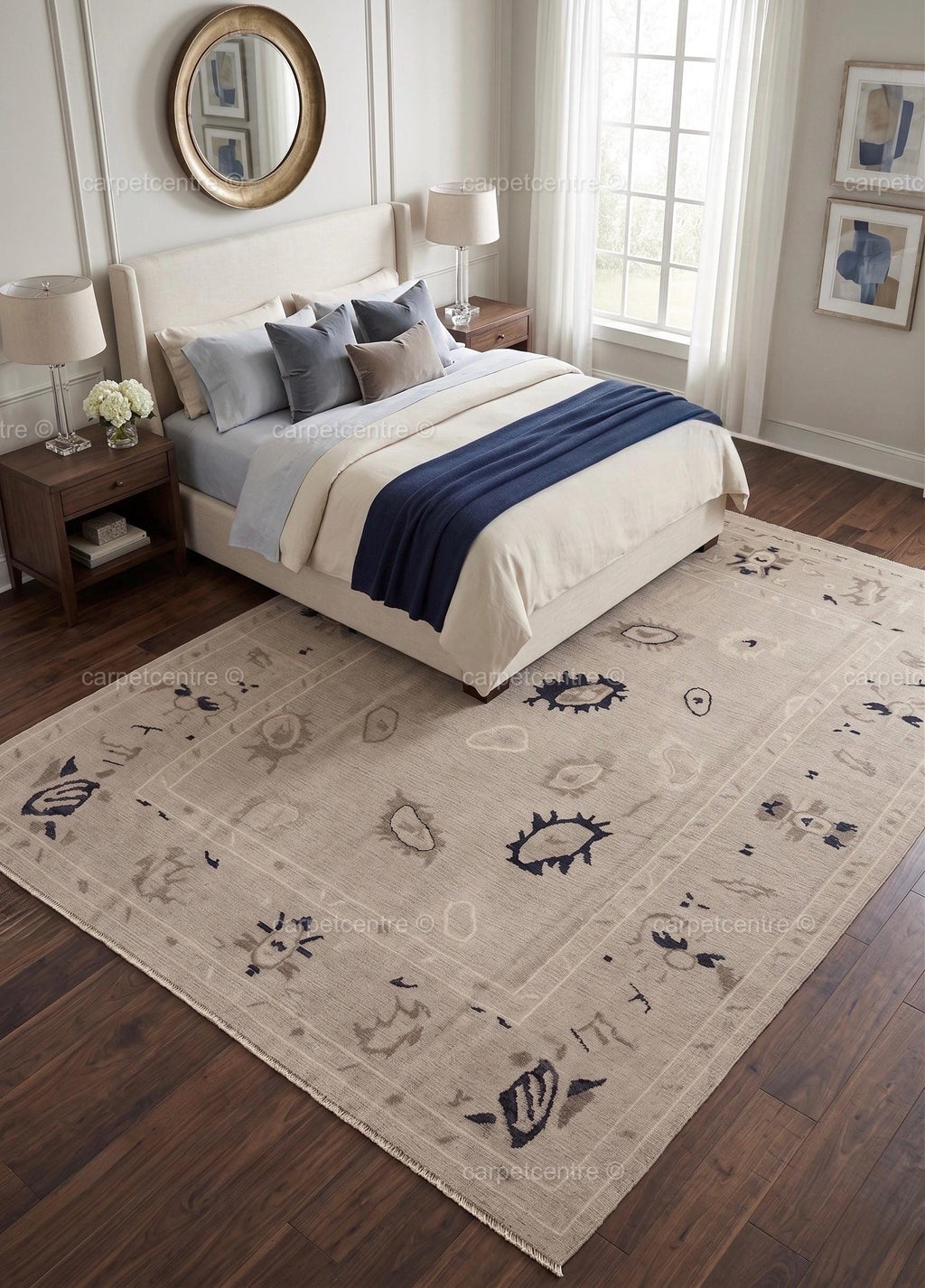 Hand Knotted Oushak Wool Rug | Neutral Beige Tribal Abstract Area Rug