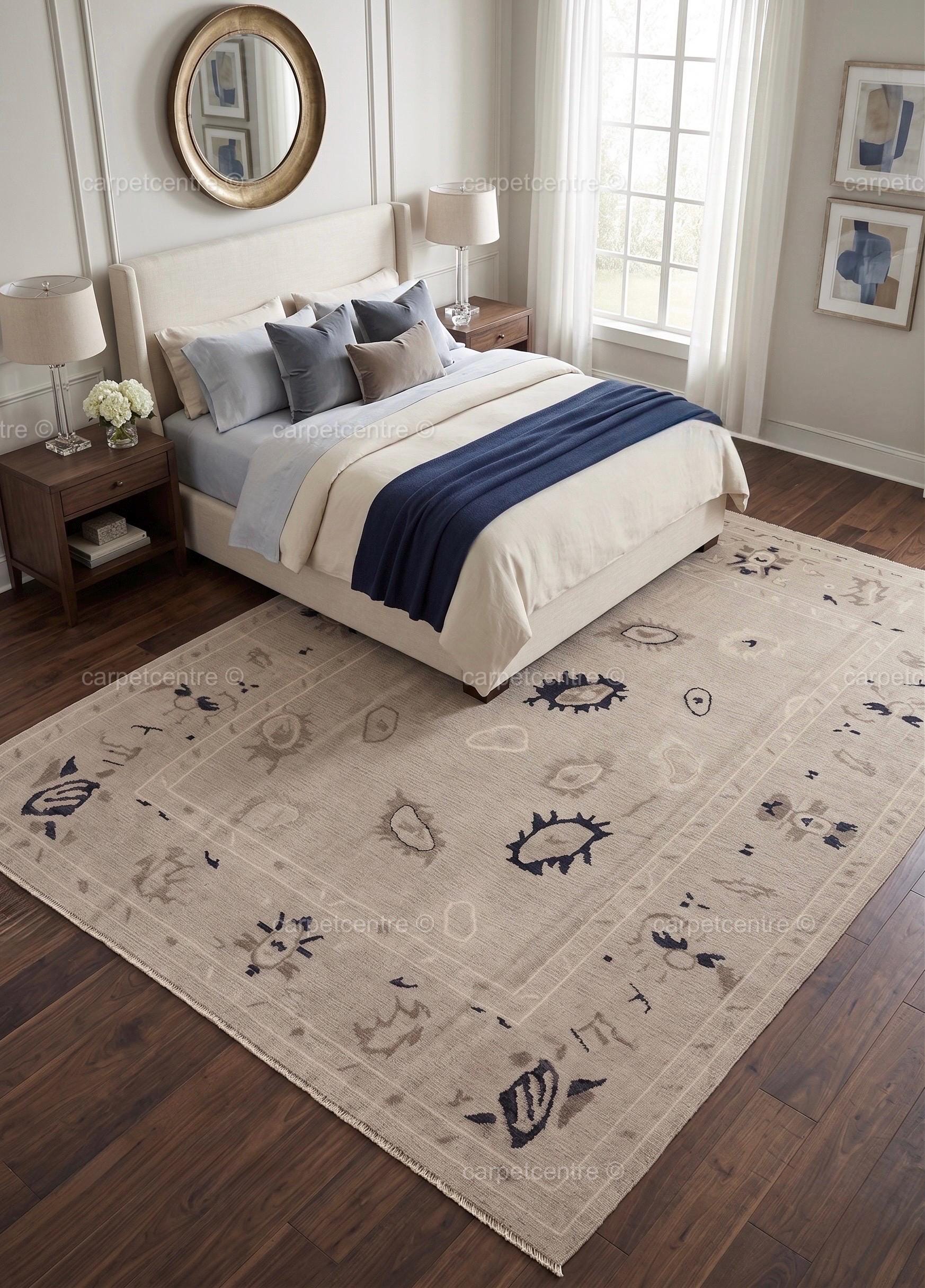Hand Knotted Oushak Wool Rug | Neutral Beige Tribal Abstract Area Rug