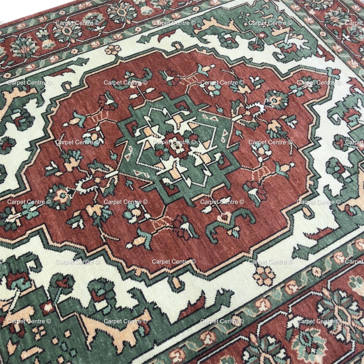 Hand Knotted Kazak Wool Area Oriental Geometric Green and Rust Carpet